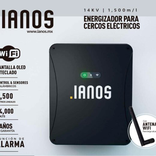 Energizador para cercos eléctricos IANOS con conexión a WIFI y 14kv de descarga y 1500 metros lineales, sensores inalámbricos y función de Alarma.
