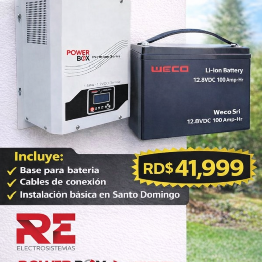 Combo de inversor senoidal PowerBox 1.5Kw-12VDC con bateria de Litio WECO 12.8 VDC 100 Amperes Hora (1.28KWh)