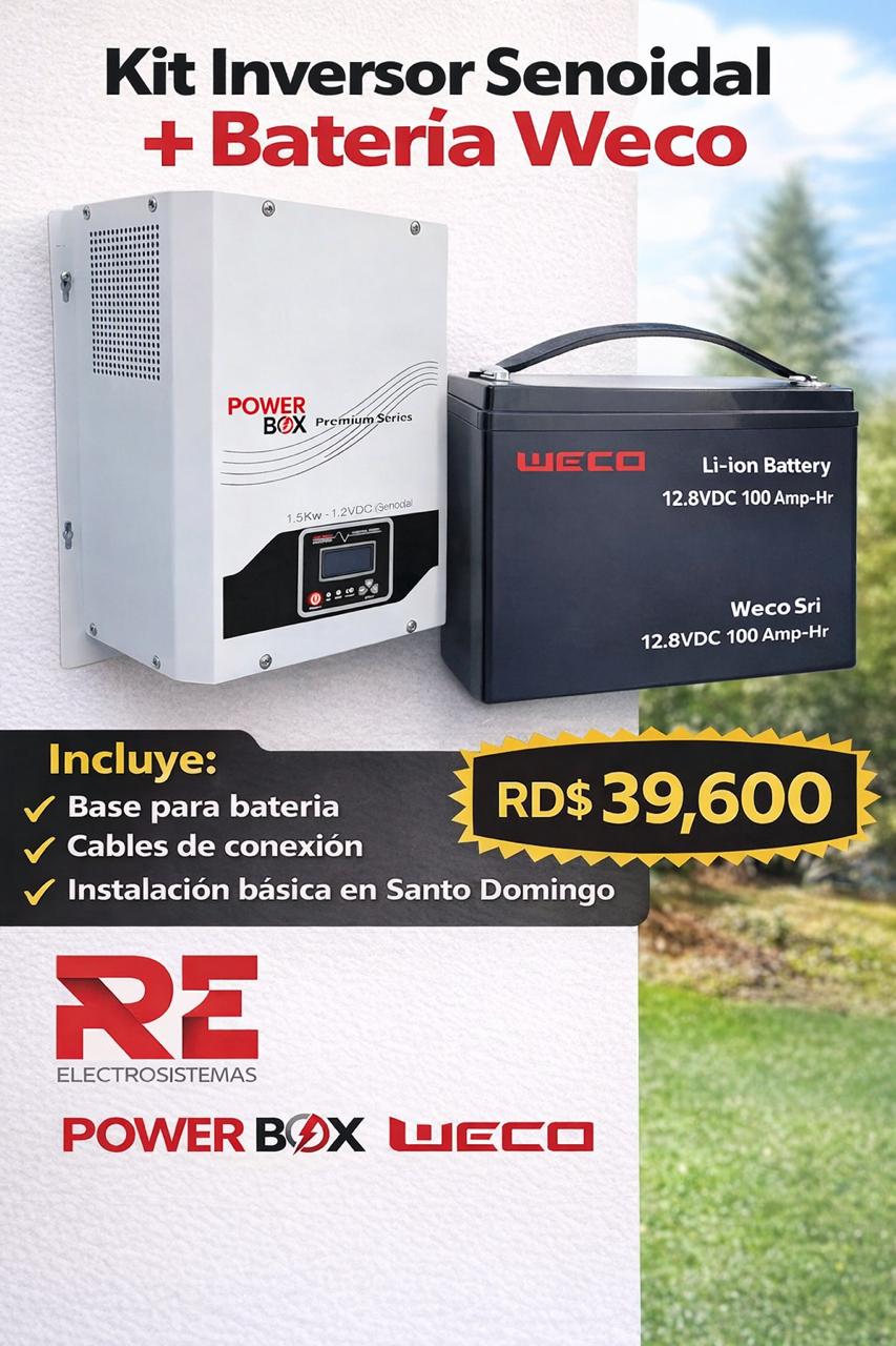 Combo de inversor senoidal PowerBox 1.5Kw-12VDC con bateria de Litio WECO 12.8 VDC 100 Amperes Hora (1.28KWh)