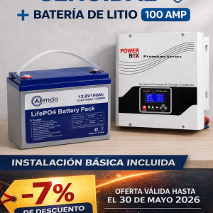 Combo inversor senoidal PowerBox 1.5kw + bateria de Litio LiFePO4 12.8vdc 100 Amp (1.28KWh)
