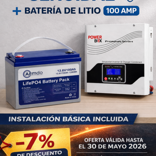 Combo inversor senoidal PowerBox 1.5kw + bateria de Litio LiFePO4 12.8vdc 100 Amp (1.28KWh)